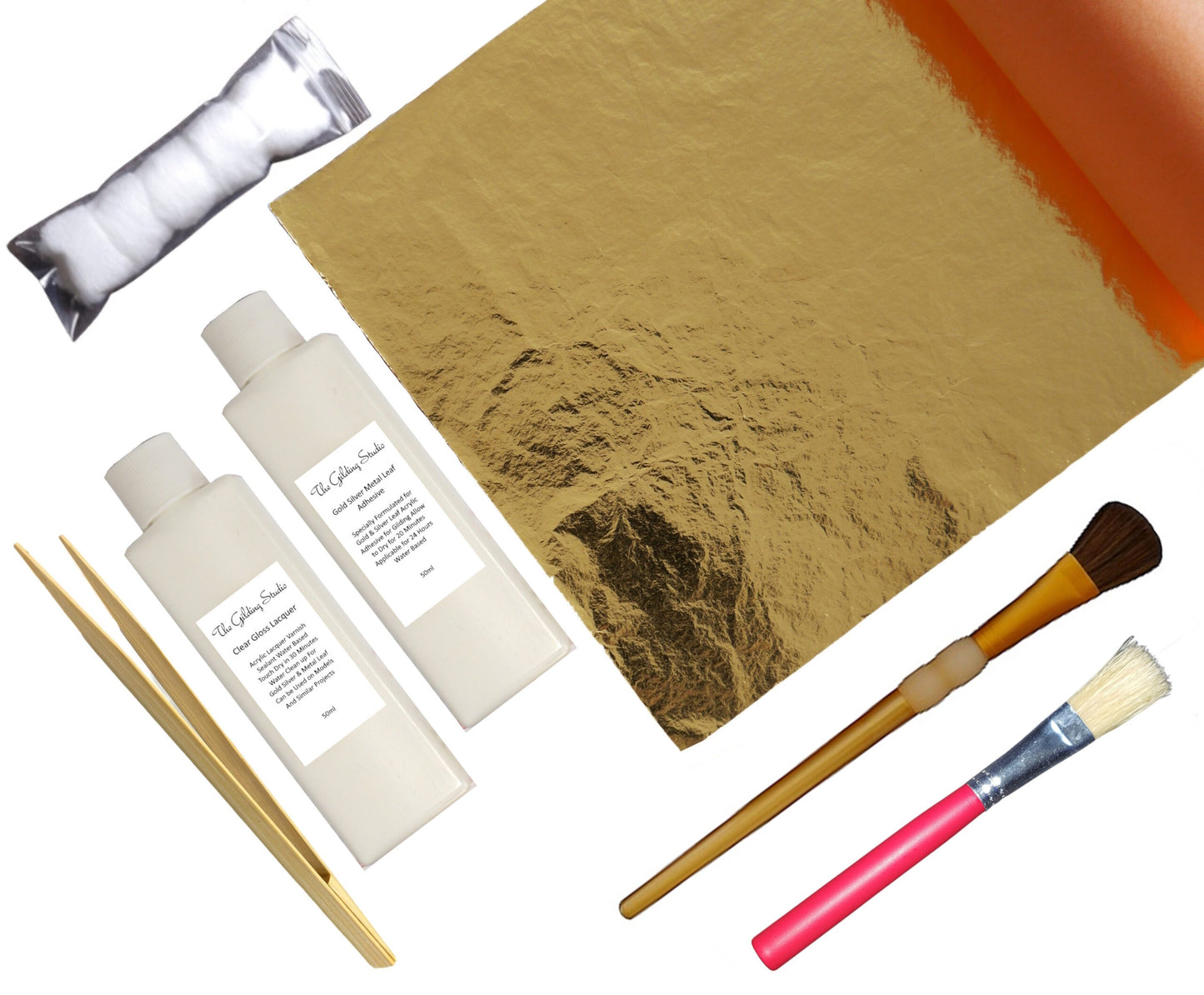 Gold Leaf Kit 25 Large Sheets 14cm x 14cm. Exclusive Adhesive & Sealant/Lacquer. Anti-Static Wood Tweezers Cotton Wool for Polishing Re-usable Brush & Guide. available on Amazon image 0